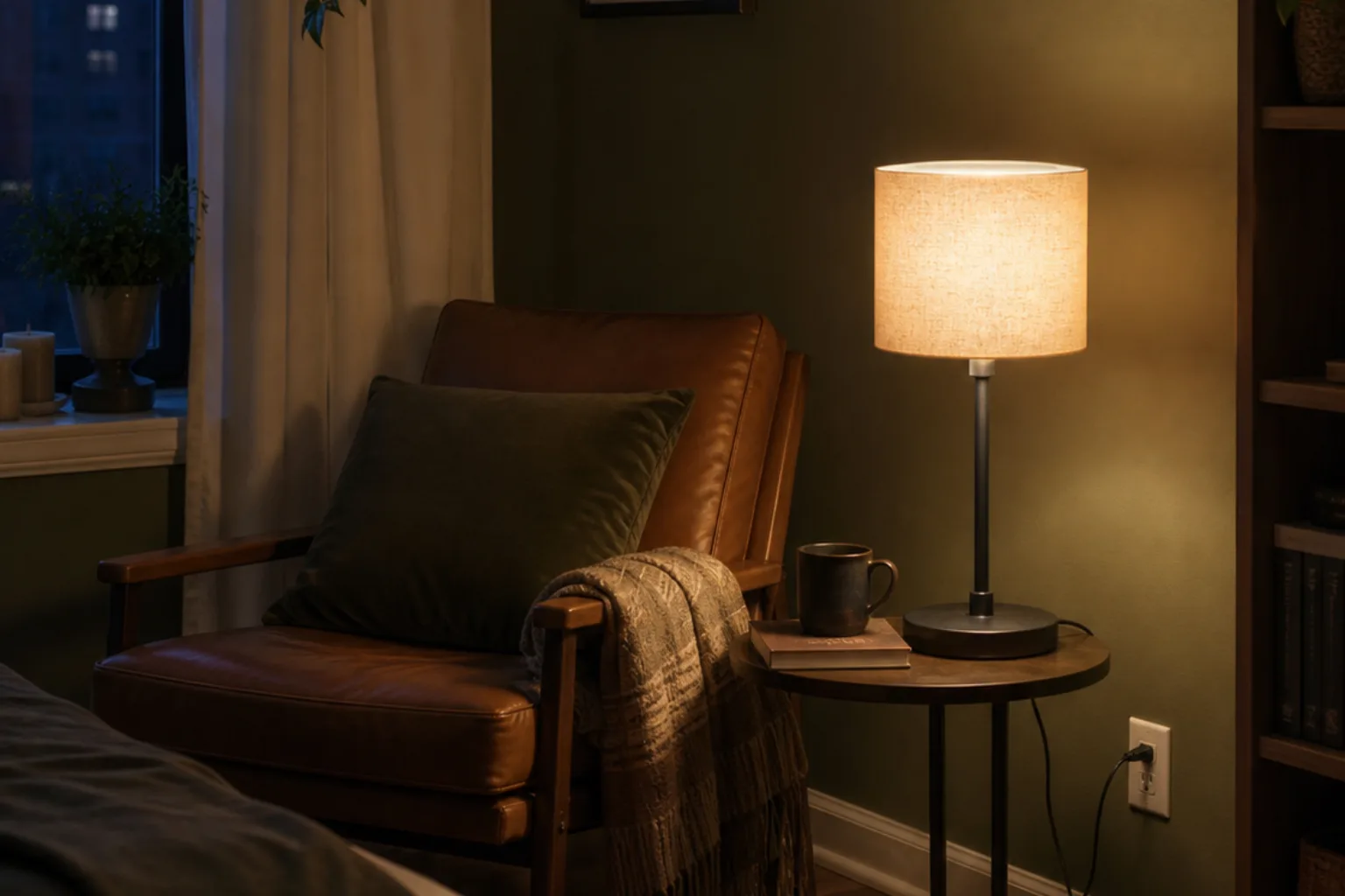 Small rental reading corner with a warm frosted bulb and correctly fitted linen lampshade