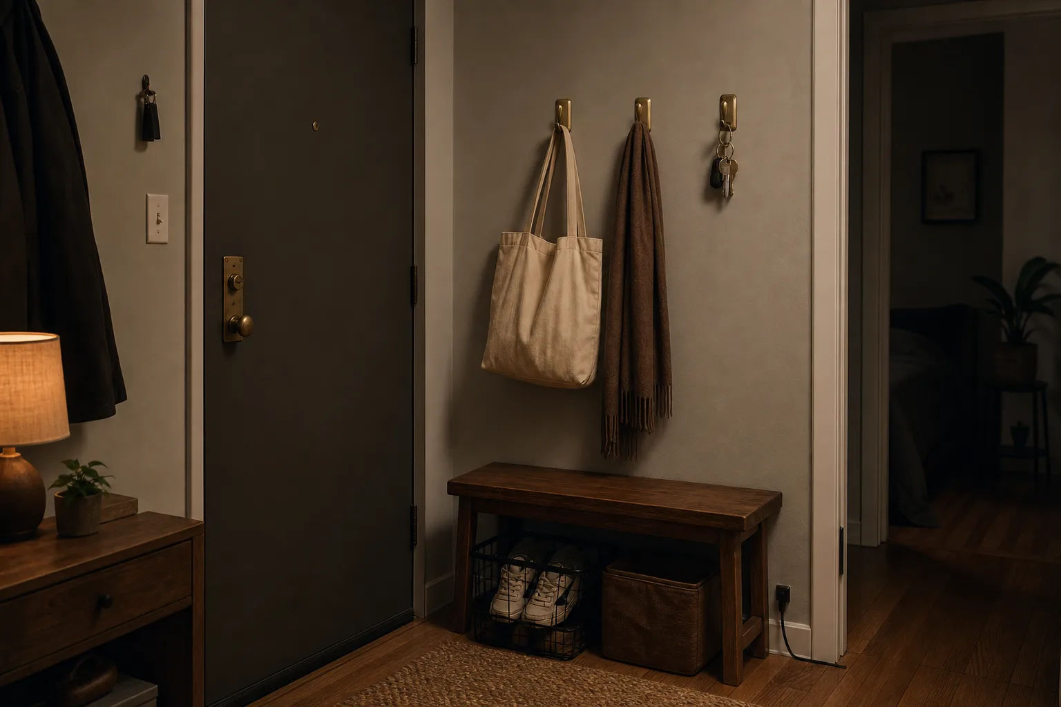 Three aligned removable hooks holding lightweight entry items in a small rental