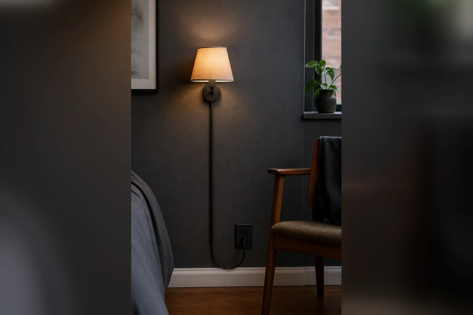 Plug-in wall light with a straight cord cover running to a visible rental outlet