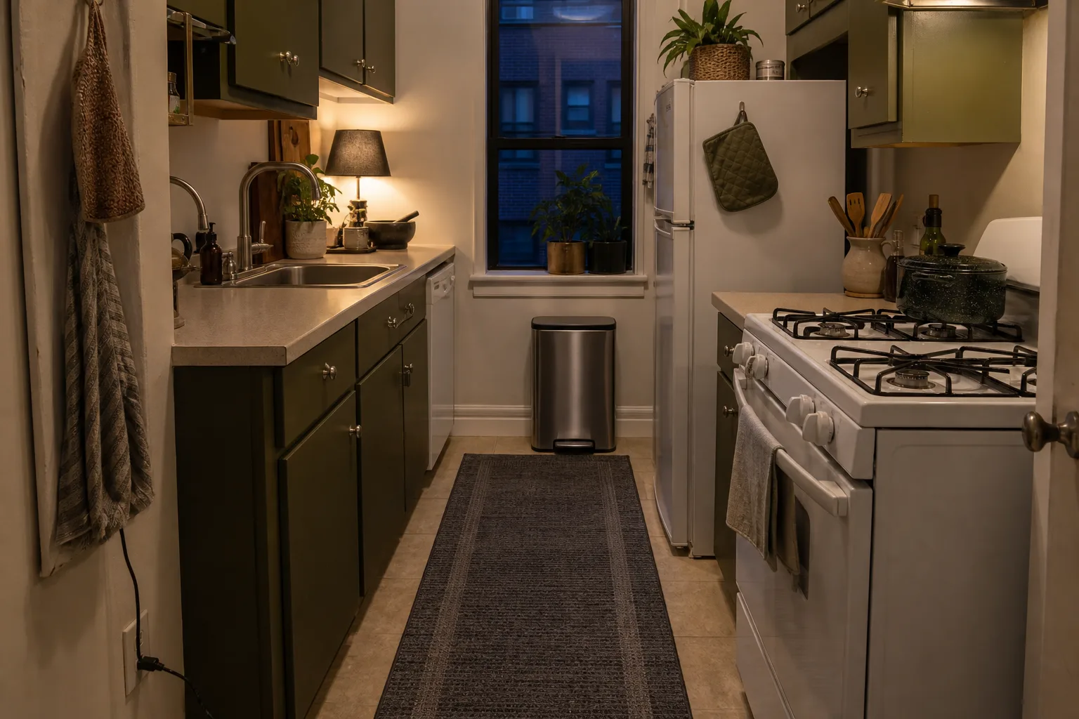 Washable dark runner softening a narrow rental kitchen without blocking cabinets