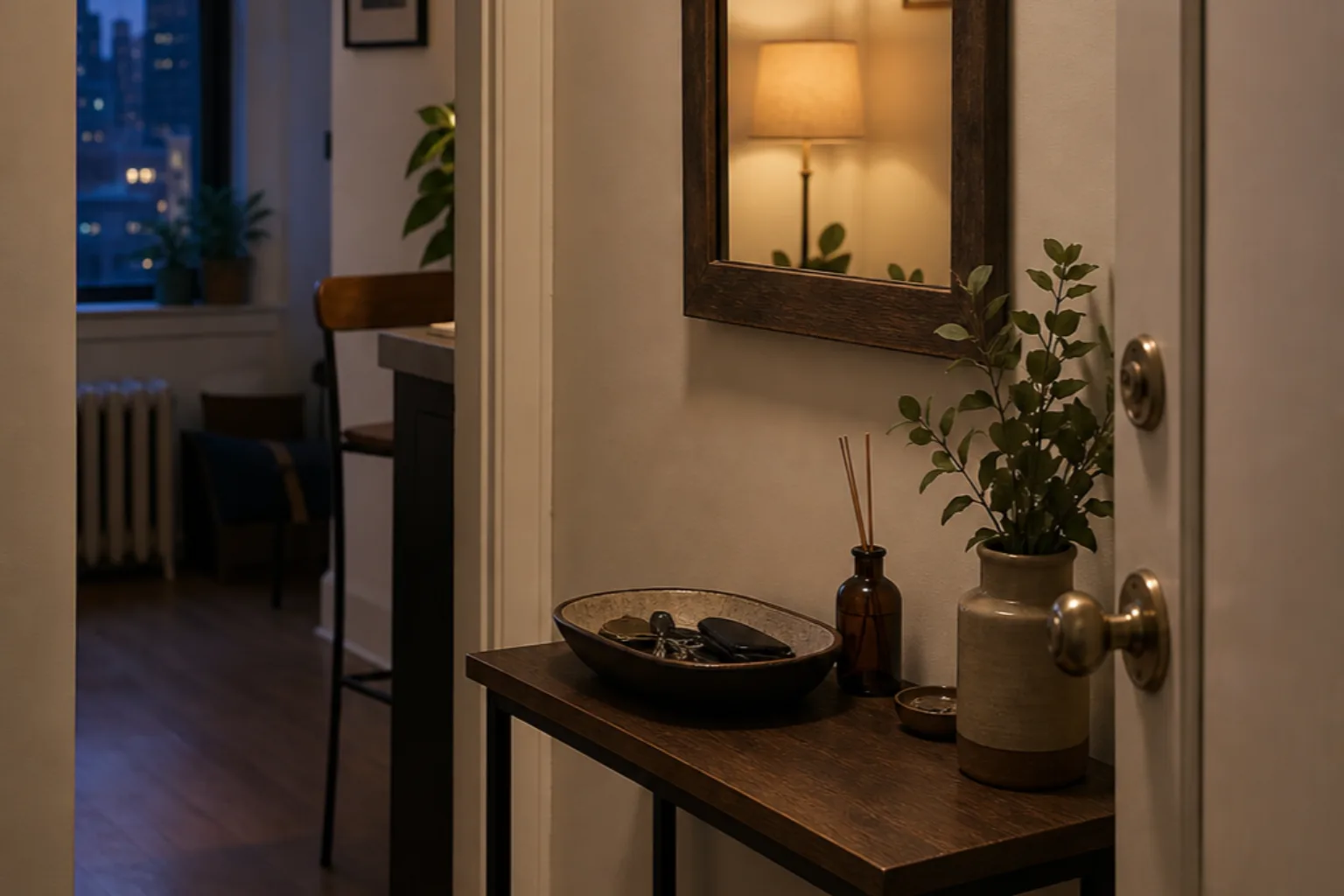Small framed mirror reflecting a warm lamp in a compact apartment entry