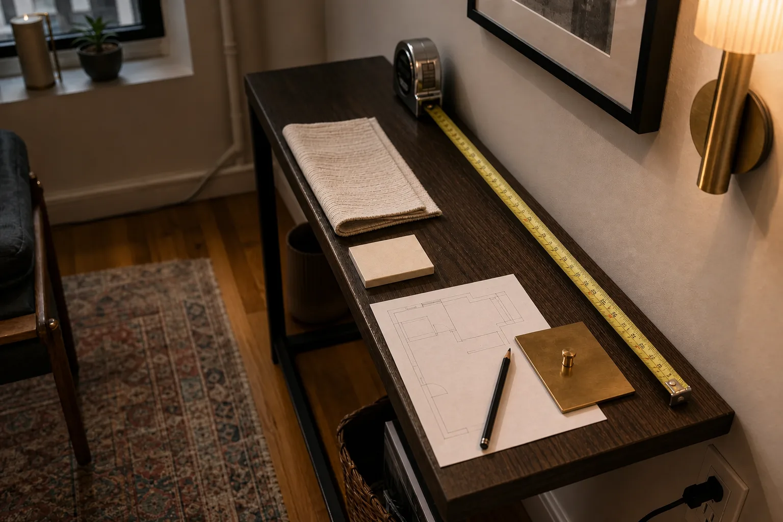 Tape measure and material samples arranged on a small rental console before shopping