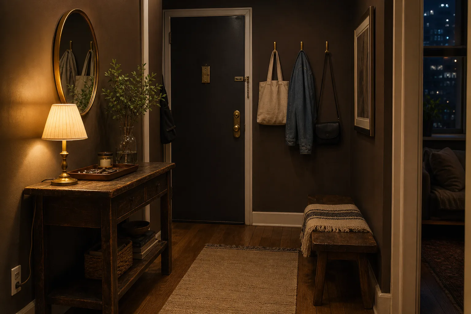 Finished rental entry with a wood tray warm lamp matching hooks and one textile