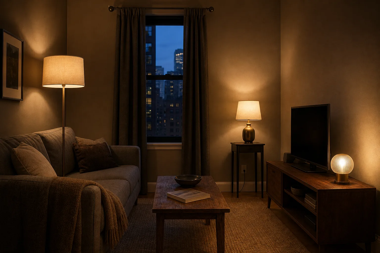 Small dark cozy living room lit by a floor lamp table lamp and low shelf light