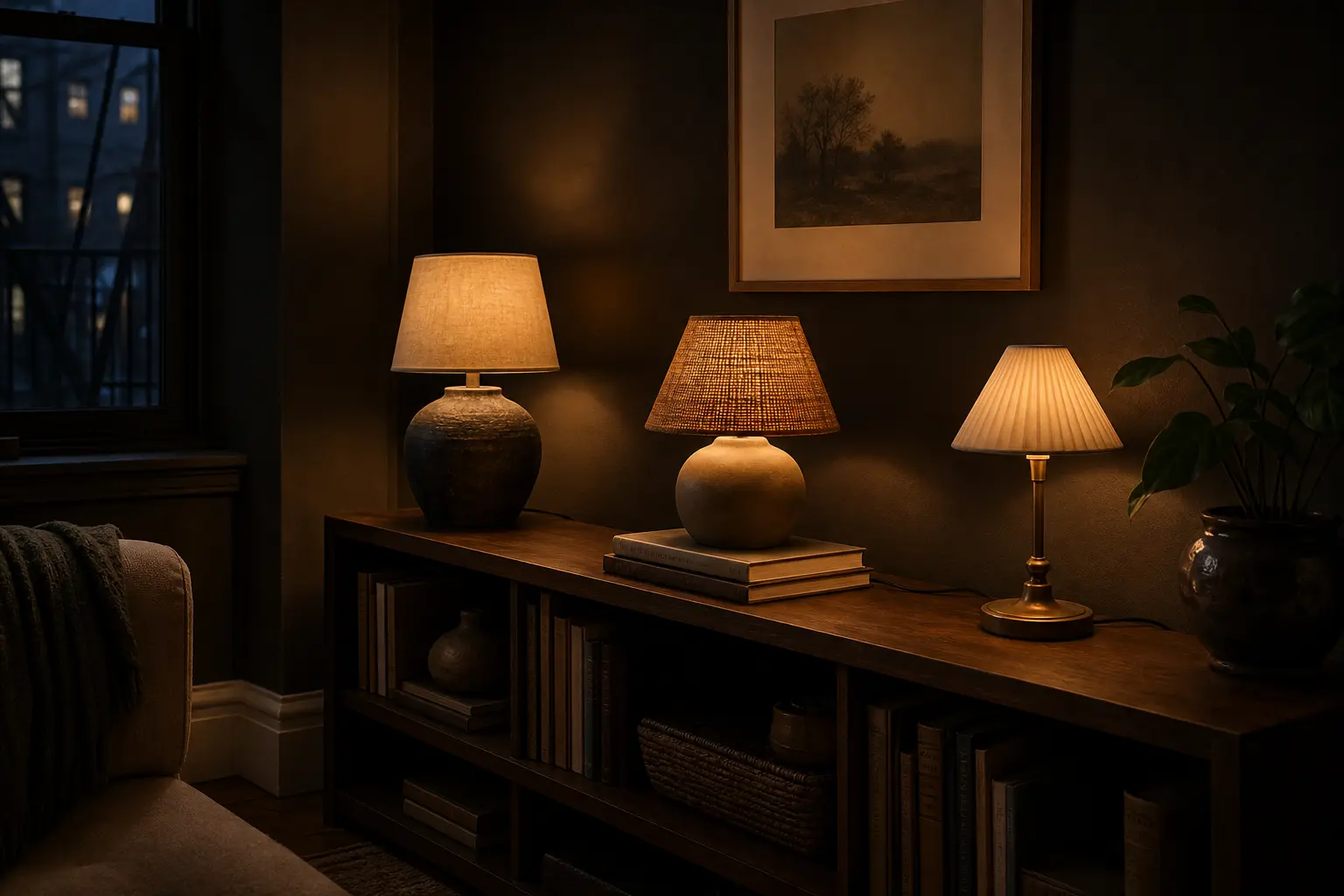 Warm frosted LED bulbs compared in small table lamps against dark apartment walls