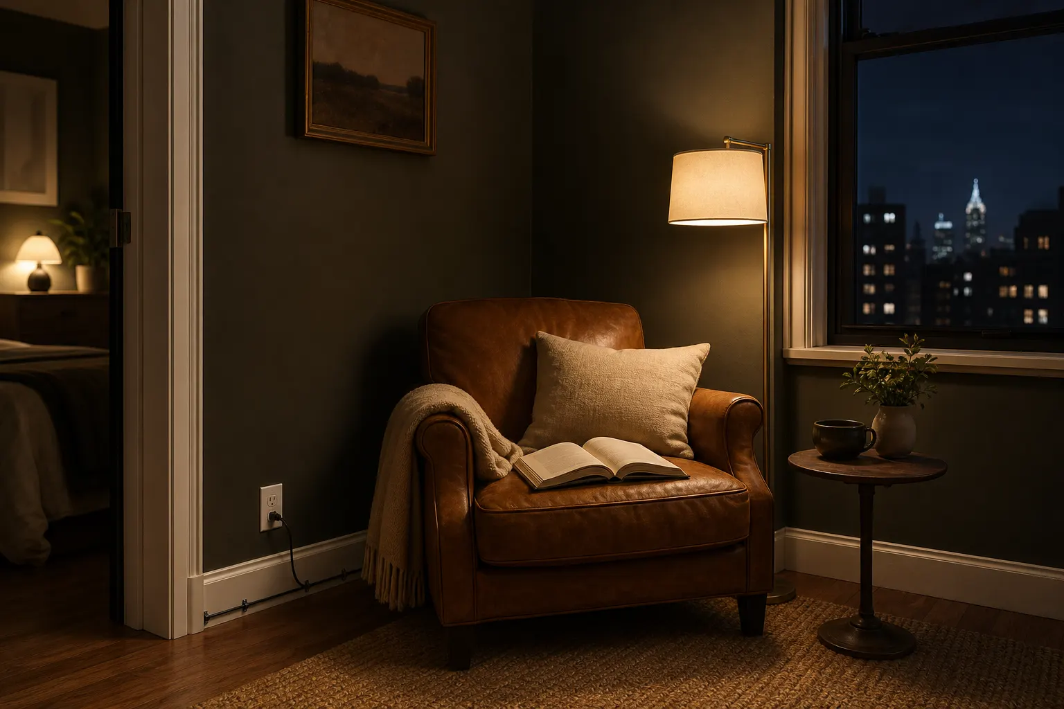 Slim shaded floor lamp beside a reading chair in a moody small apartment