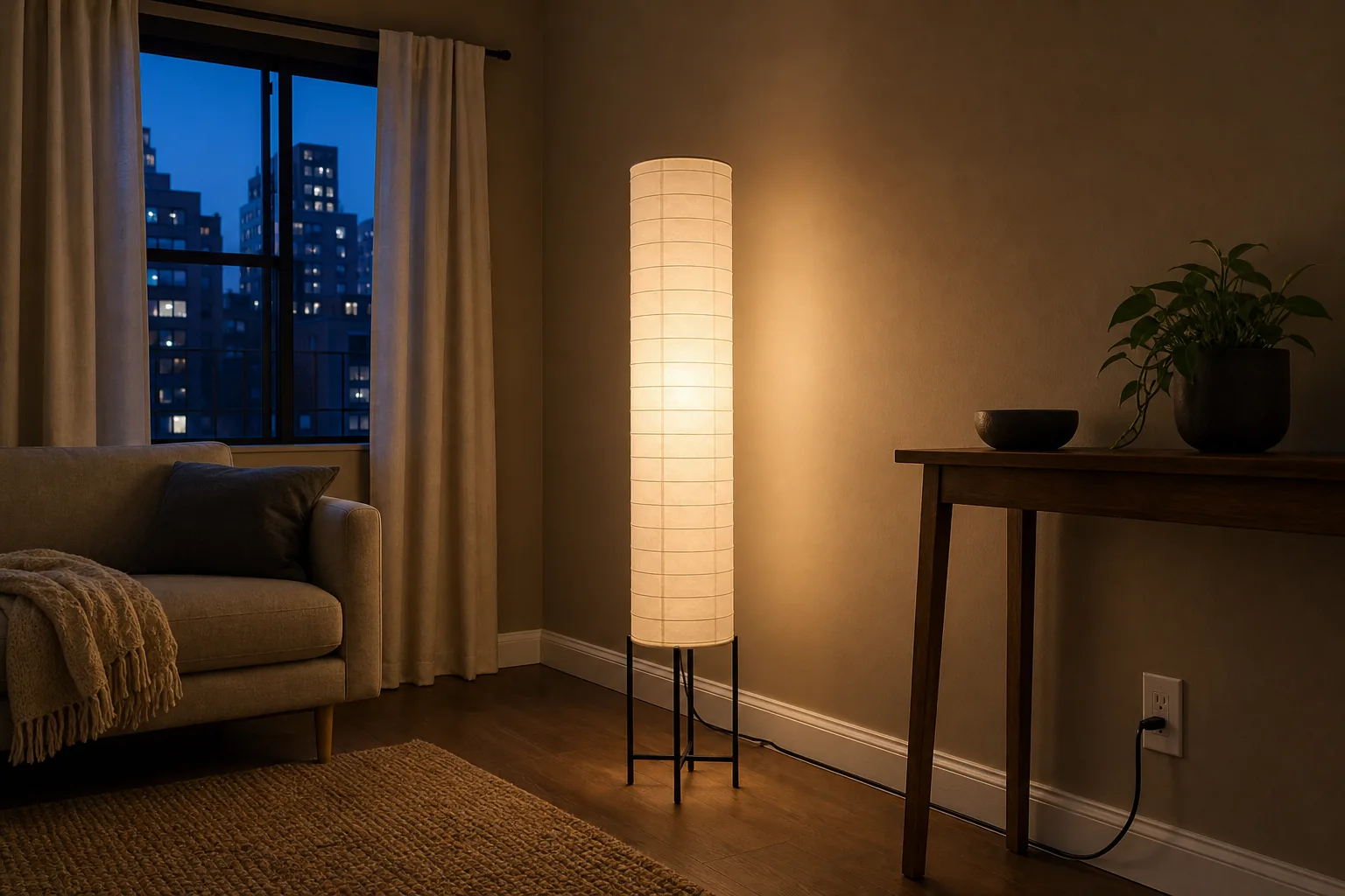 Warm paper lantern floor lamp glowing in a compact dark rental living room