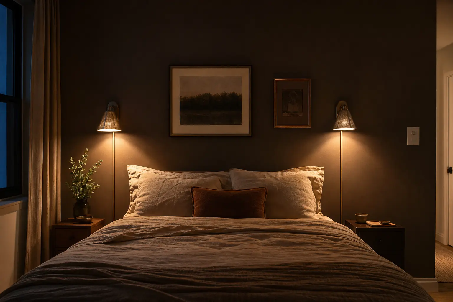 Pair of warm plug-in sconces framing a bed in a small dark renter bedroom