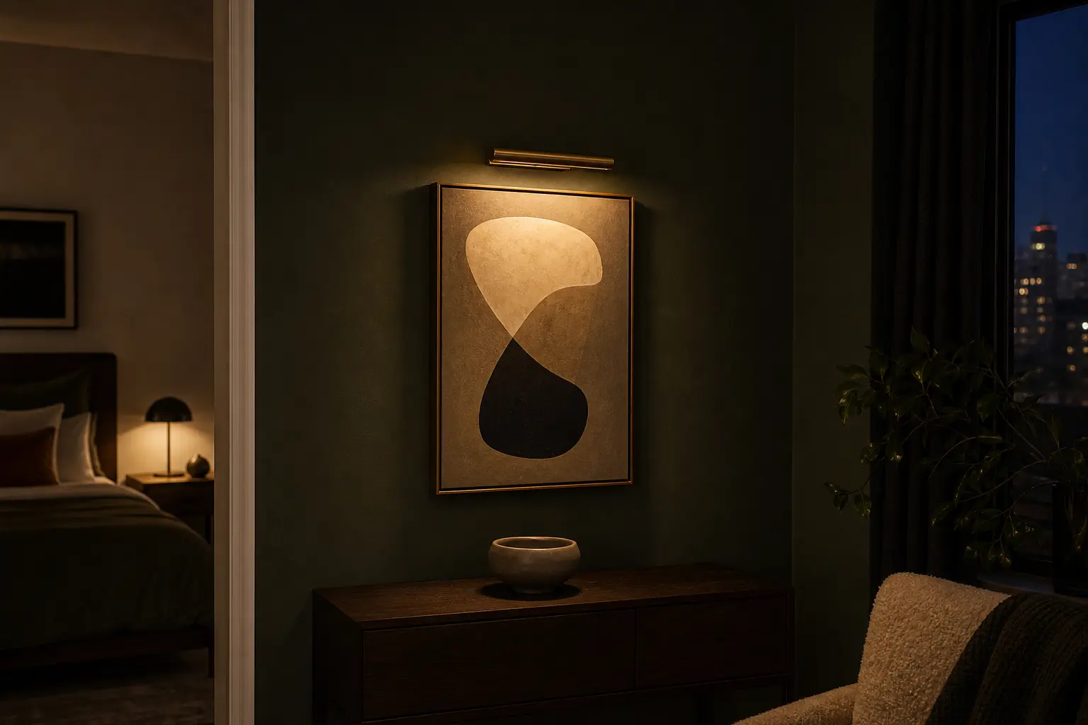 Rechargeable warm picture light above framed art on a deep green rental wall