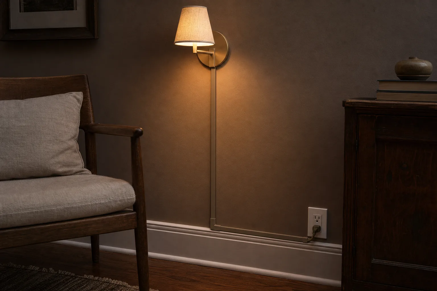 Plug-in wall light with a straight discreet cord cover on a dark rental wall