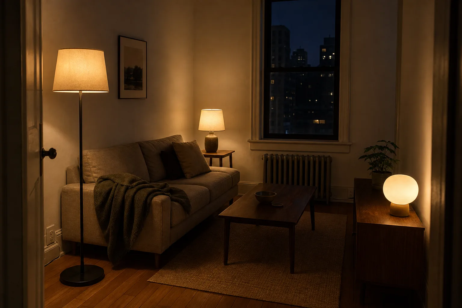 Cozy small apartment at dusk with several warm lamps switched on together