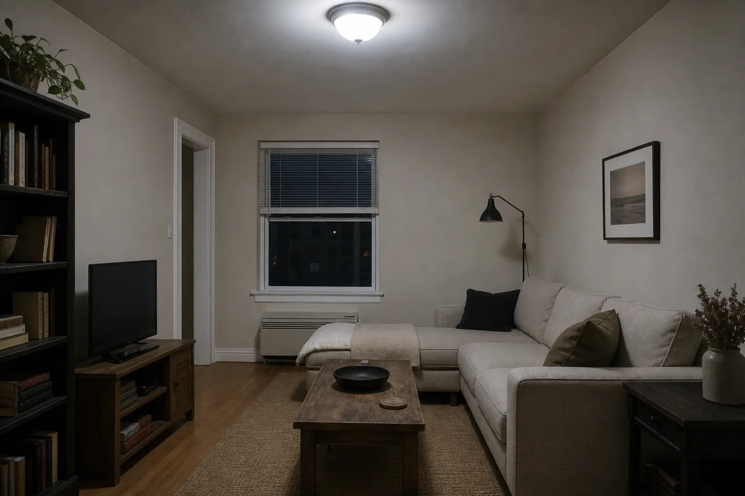 Small apartment room shown with harsh overhead-only lighting before a warm lighting update