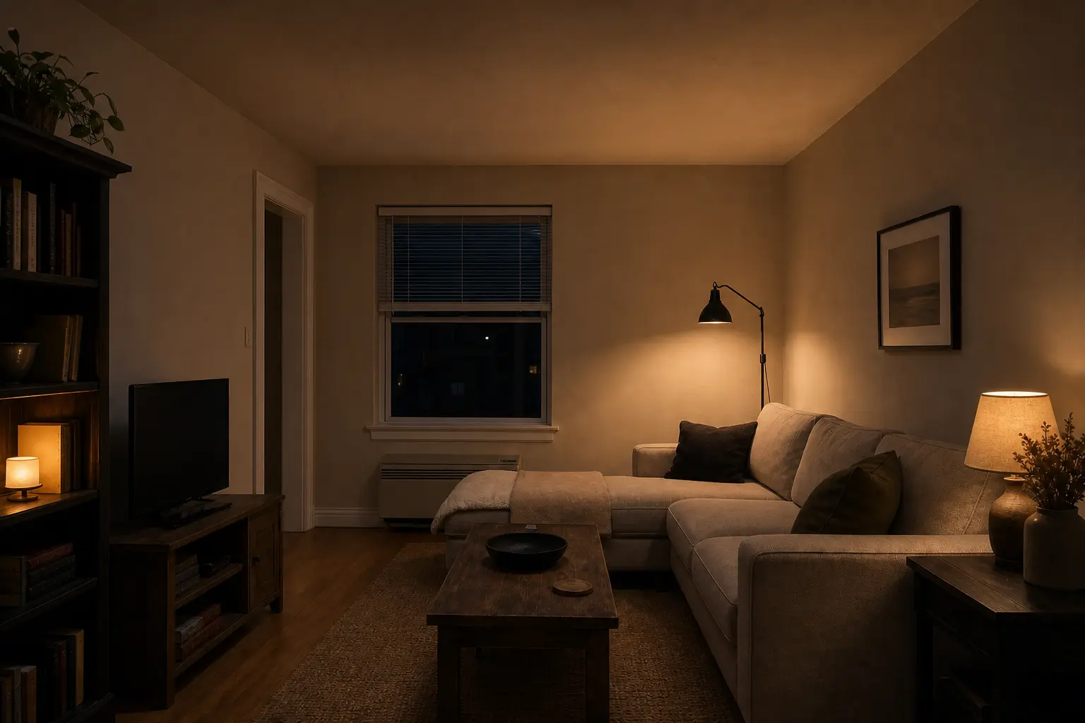 Same small apartment transformed with layered warm lamps and soft shadows